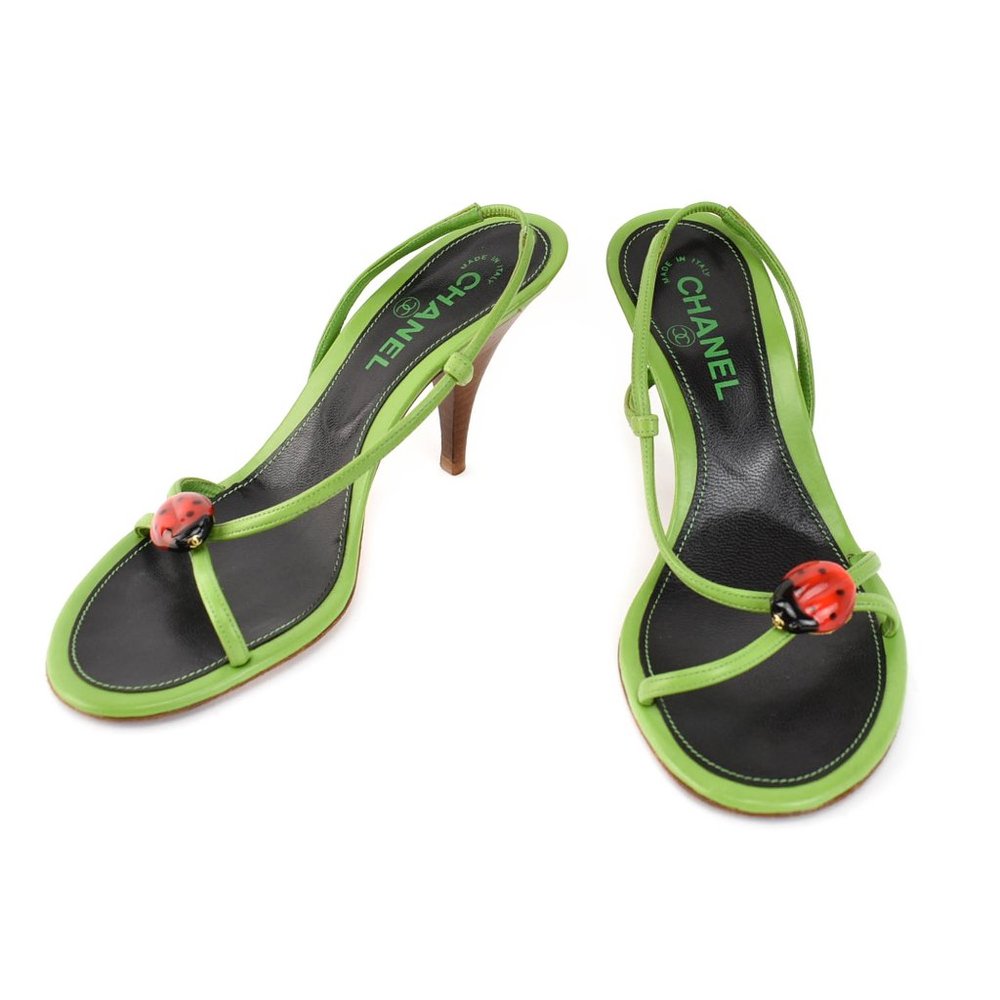 CHANEL: Green, Leather & "CC" Logo Ladybug Sandals